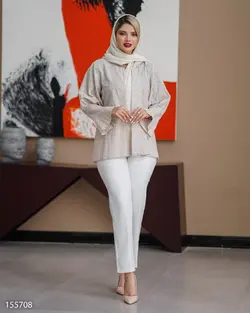 مانتو شومیزی مدل هلما جنس پارچه وال سوزن دوزی یقه مردانه آستین کلوش کد 696