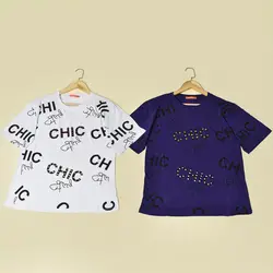 4958 - تیشرت منجوق دوزی طرح CHIC  رنگی بسته 10 عددی ( عمده )