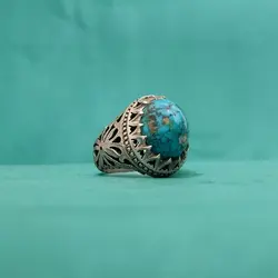 انگشتر فیروزه نیشابوری مردانه دست ساز طرح شاه عباسی تراش عبدالرزاقی کد{10485} - انگشترآنلاین