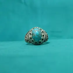 انگشتر فیروزه نیشابوری مردانه دست ساز طرح شاه عباسی کد{10490} - انگشترآنلاین