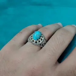 انگشتر فیروزه نیشابوری مردانه دست ساز طرح شاه عباسی کد{10490} - انگشترآنلاین