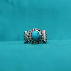 انگشتر فیروزه نیشابوری دست ساز مردانه مخراجکاری یاقوت کبود کد{10483} - انگشترآنلاین