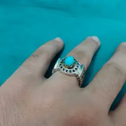 انگشتر فیروزه نیشابوری دست ساز مردانه مخراجکاری یاقوت کبود کد{10483} - انگشترآنلاین