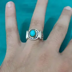 انگشتر فیروزه نیشابوری دست ساز مردانه مخراجکاری یاقوت کبود کد{10483} - انگشترآنلاین
