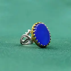 انگشتر عقیق آبی مردانه چنگ برنجی کد{10497} - انگشترآنلاین