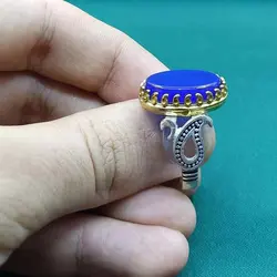 انگشتر عقیق آبی مردانه چنگ برنجی کد{10497} - انگشترآنلاین