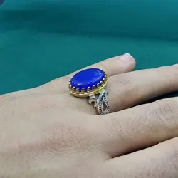 انگشتر عقیق آبی مردانه چنگ برنجی کد{10497} - انگشترآنلاین