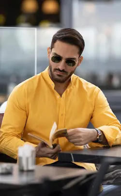 پیراهن لینن یقه دیپلمات زرد P102 بازلی