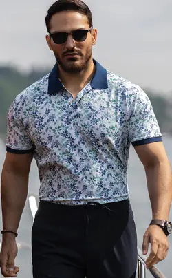 تیشرت گلدار یقه دکمه دار سفید سبز D23 بازلی