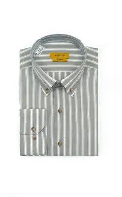 پیراهن یقه دکمه دار راه پهن و باریک طوسی سفید P167 بازلی