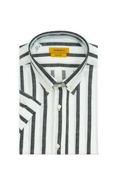 پیراهن آستین کوتاه یقه دکمه دار دیپلمات سفید مشکی P184 بازلی