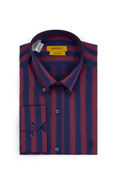 پیراهن راه راه یقه بلند دکمه دار سورمه ای زرشکی P185 بازلی