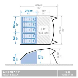 چادر کمپینگ کچوا 5.2 - فرش اند بلک Quechua 5 Person Camping Tent - 2 Rooms - Arpenaz 5.2 Fresh & Black - خرید آنلاین لوازم و تجهیزات کمپینگ و کوهنوردی