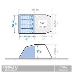 چادر کمپینگ کچوا 4.1 - فرش اند بلک Quechua 4 Person Camping Tent - 1 Room - Arpenaz 4.1 Fresh & Black - خرید آنلاین لوازم و تجهیزات کمپینگ و کوهنوردی