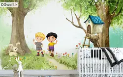 پوستر دیواری اتاق کودک، دو پسر در جنگل B0228