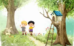 پوستر دیواری اتاق کودک، دو پسر در جنگل B0228