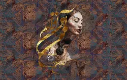 پوستر دیواری شعر نستعلیق، طرح داماسک و چهره زن W0091