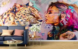 پوستر دیواری طرح چهره و پلنگ آبرنگی F0002