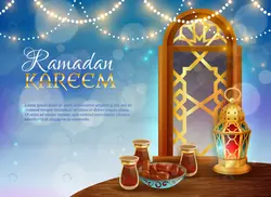وکتور تبریک ماه رمضان با چای ، خرما و چراغ - مرجع دانلود فایلهای دیجیتالی