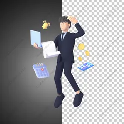 آیکون سه بعدی حسابدار آقا با تقویم مالیاتی و فاکتور و ماشین حساب - خدمات گرافیکی