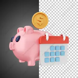 آیکون سه بعدی تقویم مالیاتی و خوک صورتی با سکه - خدمات گرافیکی