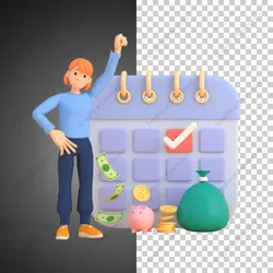 آیکون سه بعدی حسابدار و تقویم مالیاتی و کیسه سکه سبز - خدمات گرافیکی