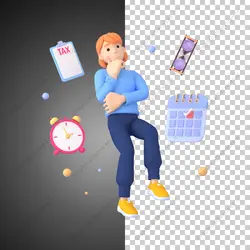آیکون سه بعدی دختر حسابدار و ساعت شنی با تقویم مالیاتی - خدمات گرافیکی