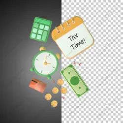 آیکون سه بعدی تقویم مالیاتی و ساعت زمان بندی و کارت بانکی - خدمات گرافیکی