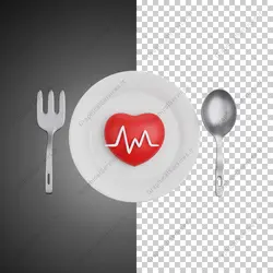 آیکون سه بعدی غذاهای مفید قلبی (بشقاب، قاشق چنگال و قلب) - خدمات گرافیکی