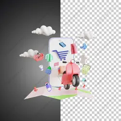 آیکون سه بعدی فروشگاه آنلاین و پیک موتوری و نقشه - خدمات گرافیکی