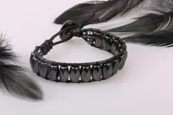 دستبند حدید استوانه ای تراش با چرم مصنوعی - آسمون | فروشگاه سنگ و جواهرات