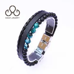 دستبند چرم و چشم ببر آبی رویال