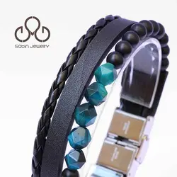 دستبند چرم و چشم ببر آبی رویال