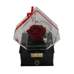 رز جاودان قرمز مشکی باکس کلبه کشودار