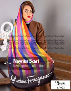 شال نخی مشکی برند فرگامو با راه راه رنگی شاد کد SA923