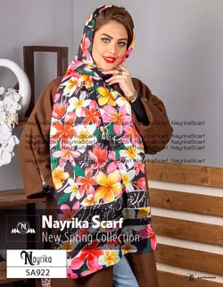 شال نخی مشکی با گل و برگهای رنگی شاد با اشعار نستعلیق کد SA922