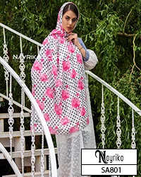 شال نخی فانتزی سفید توپی مشکی با فلامینگو های صورتی کد SA801