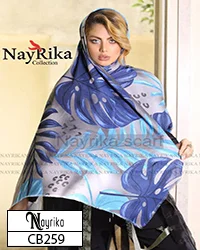 روسری نخی سایز 140 طوسی روشن با برگ انجیری آبی نفتی و فیروزه ای کد CB259