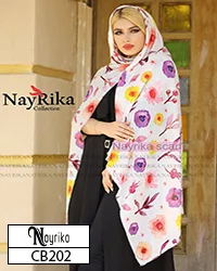 روسری نخی سایز 140 سفید با گل های زرد و بنفش کد CB202