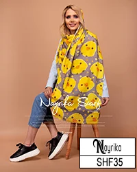 شال نخی فانتزی دخترانه طوسی با جوجه زرد کد SHF35
