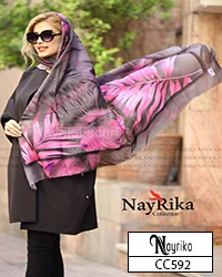 روسری نخی سایز 140 طوسی با برگ هاوایی صورتی کد CC592