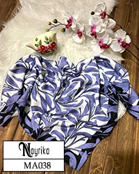 مینی اسکارف سفید با حاشیه مشکی و برگ های باریک بنفش کد MA038