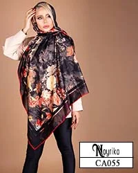 روسری نخی سایز 140 مشکی با گلهای پاییزی و دور دوخت قرمز کد CA055