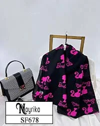 شال نخی مشکی با باربی صورتی و نوشته Barbie کد SF678
