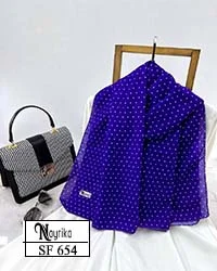 شال نخی آبی کاربنی و توپی ریز سفید کد SF654