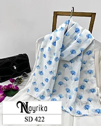 شال نخی تابستانه سفید با گل شقایق آبی آسمانی کد SD422
