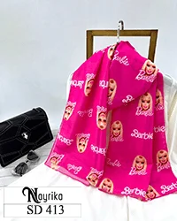 شال نخی فانتزی سرخابی با صورت باربی و نوشته Barbie کد SD413