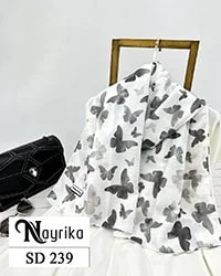 شال نخی سفید با پروانه های طوسی کد SD239