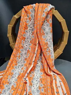 شال نخی پلیسه هلویی و طوسی با شکوفه های سفید کد NA47