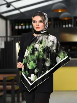 روسری ابریشم توییل سایز ۱۲۰ مشکی طرح گل لاله آبرنگی  سبز کله غازی کد SC30